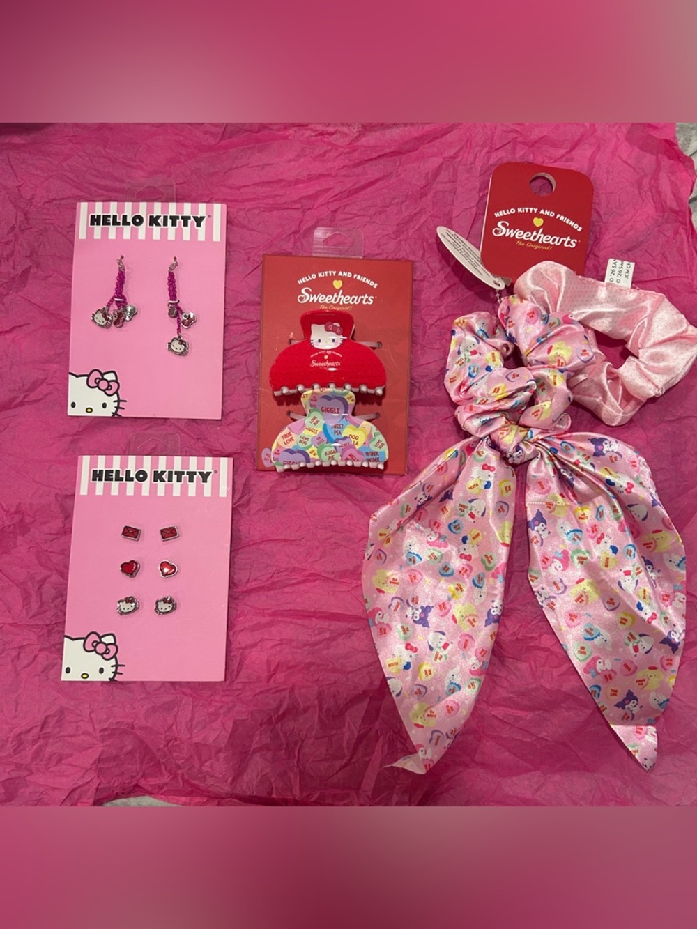 Hello Kitty BUNDLE: Patterned Bow Scrunchie Set, Earrings and Hair Clips. NWT